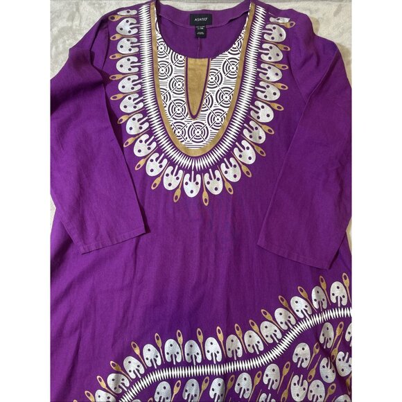 Ashro Women’s XXL Linen Blend Dashiki Tunic Dress Purple Ethnic African Print - Picture 4 of 11